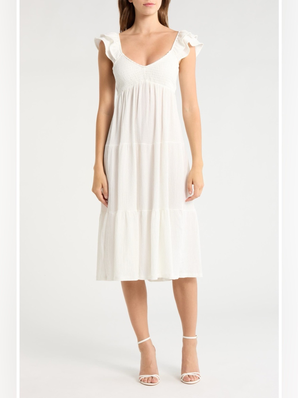Madden Girl Smocked Flutter Sleeve Tiered Midi Dress